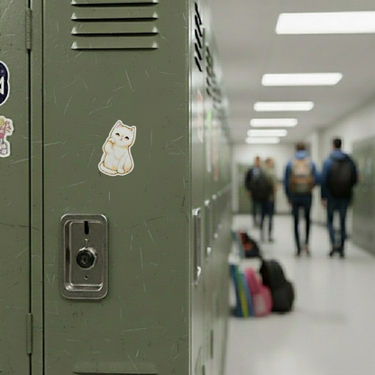 Fluffy Welcoming Cat ✦ B-Side Label Sticker — locker scene using the Shopify PhotoRoom template and visually verified original photograph