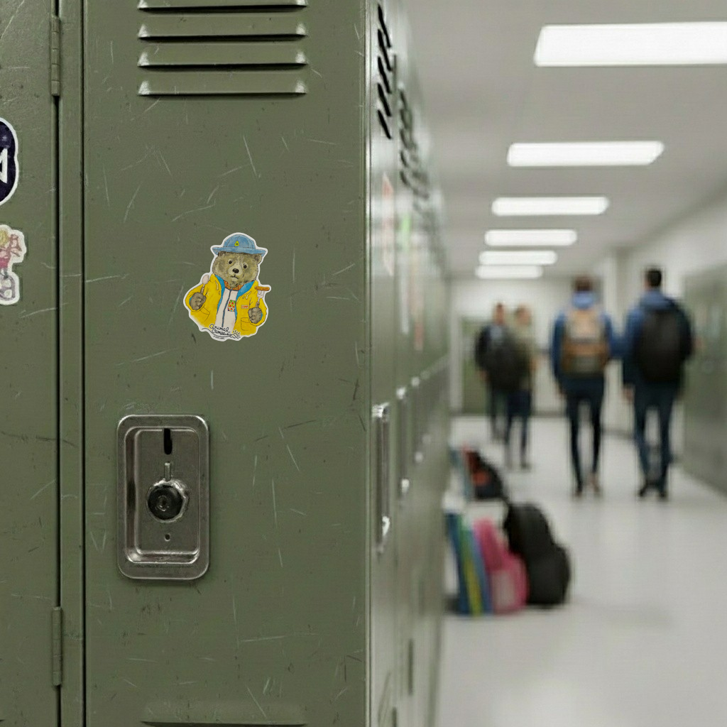 Cute Bear Camper ✦ B-Side Label Sticker — locker scene using the Shopify PhotoRoom template and original photograph