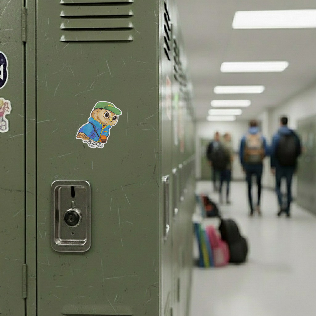 Cute Owl Camper ✦ B-Side Label Sticker — locker scene using the Shopify PhotoRoom template and original photograph