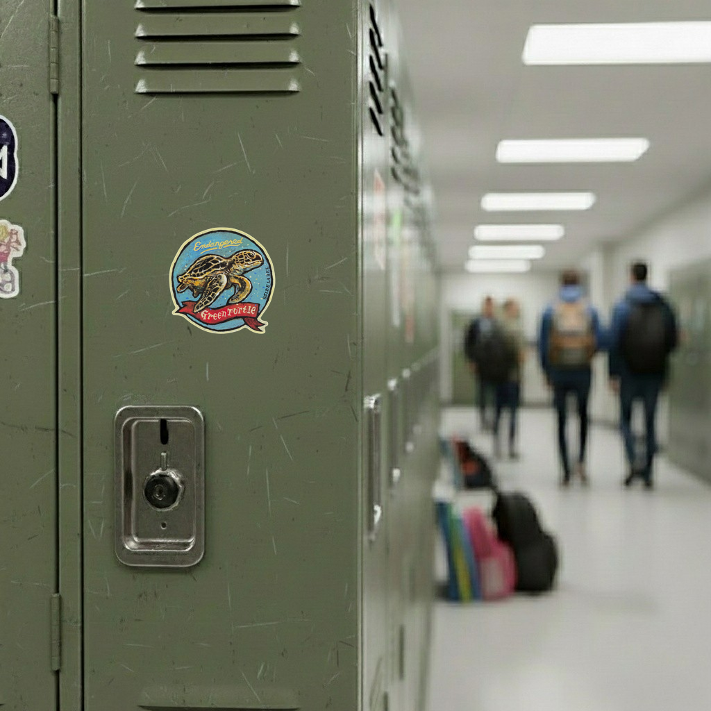 Endangered Green Turtle ✦ B-Side Label Sticker — locker scene using the Shopify PhotoRoom template and original photograph