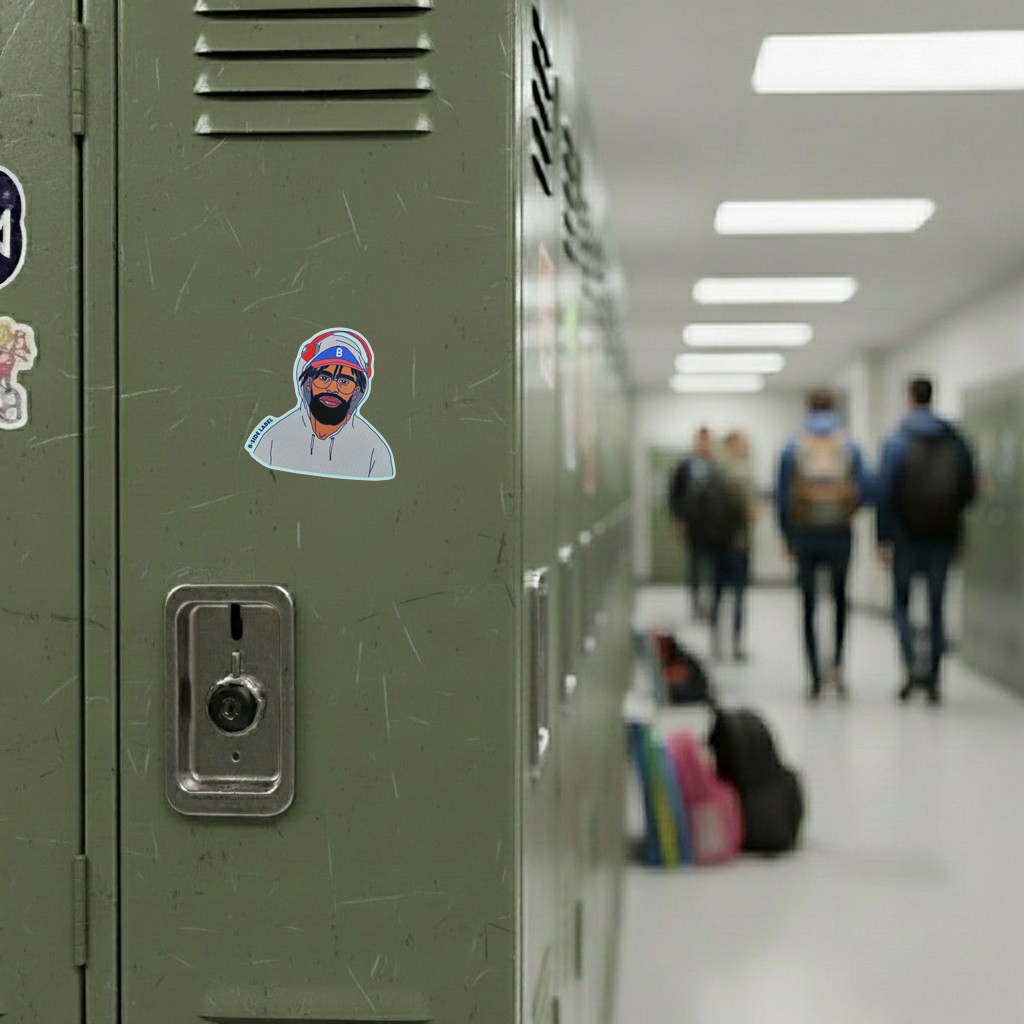 Hoodie, Beard, Ball Cap ✦ B-Side Label Sticker — locker scene using the Shopify PhotoRoom template and original photograph