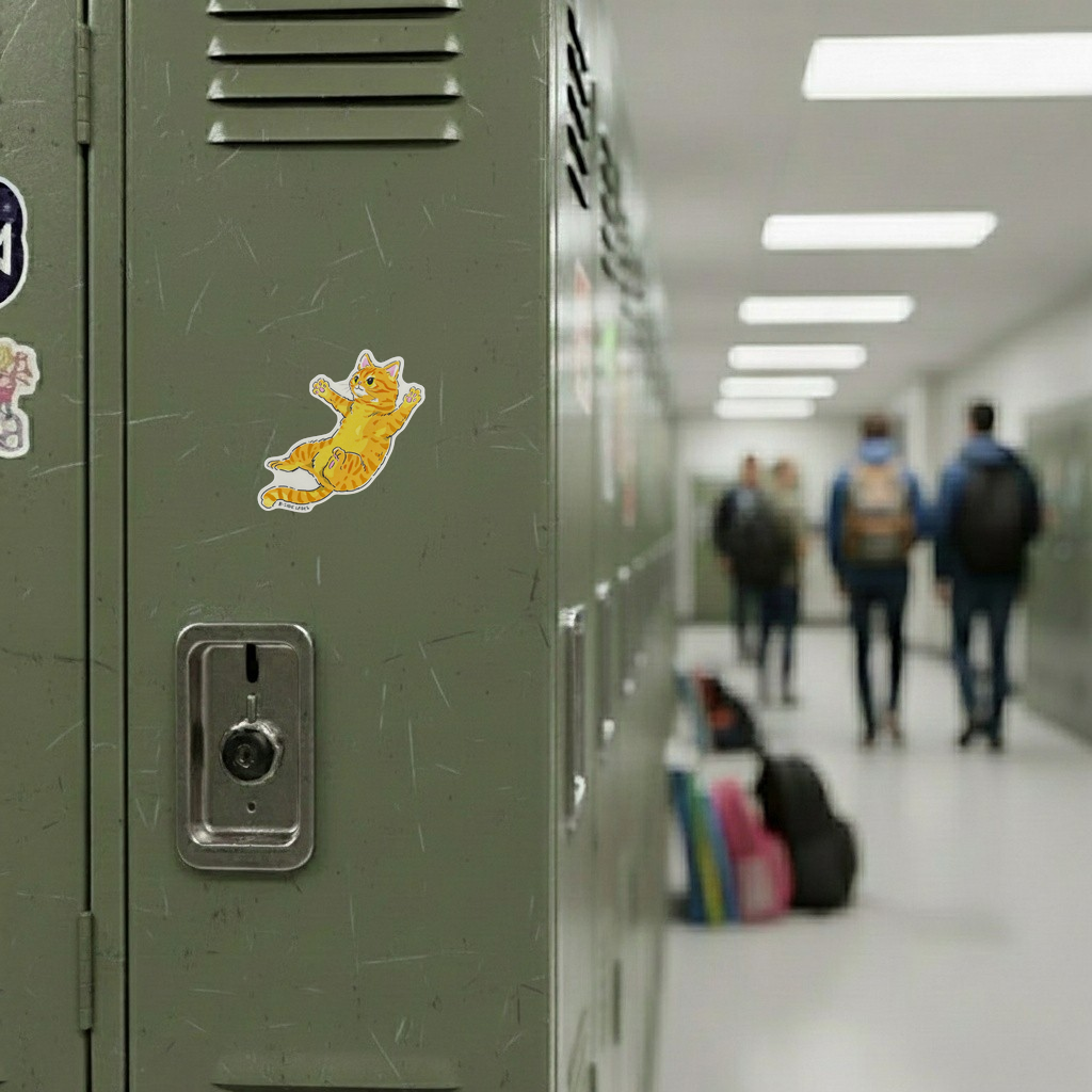 Cute Tabby Cat Jumping ✦ B-Side Label Sticker — locker scene using the Shopify PhotoRoom template and original photograph
