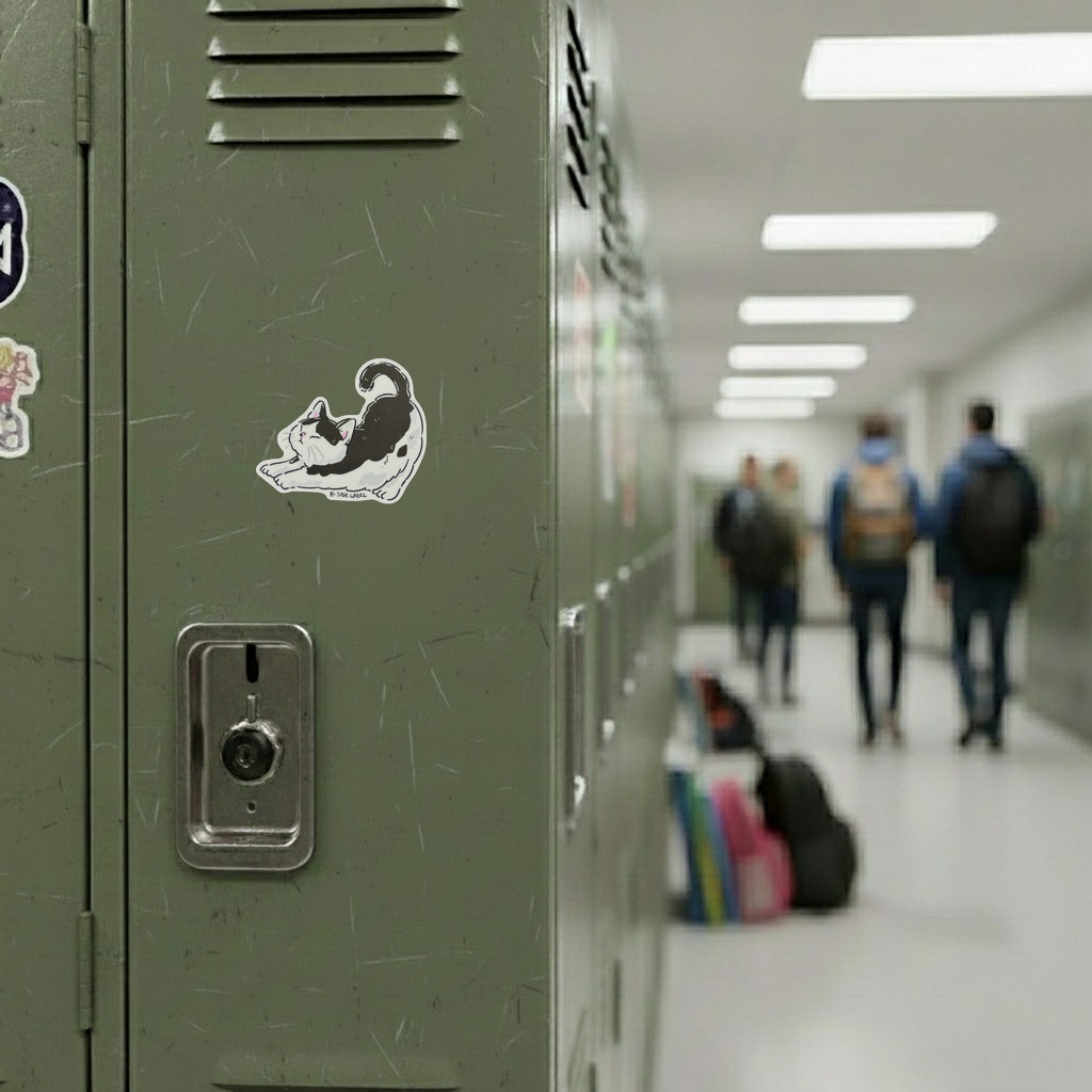 Black & White Cat Stretching ✦ B-Side Label Sticker — locker scene using the Shopify PhotoRoom template and original photograph
