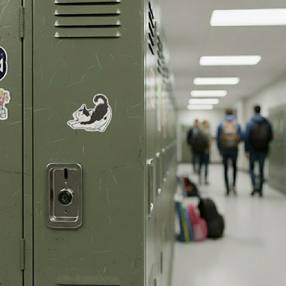 Black & White Cat Stretching ✦ B-Side Label Sticker — locker scene using the Shopify PhotoRoom template and original photograph