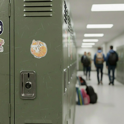Cute Brown Balled Up Cat ✦ B-Side Label Sticker — locker scene using the Shopify PhotoRoom template and visually verified original photograph