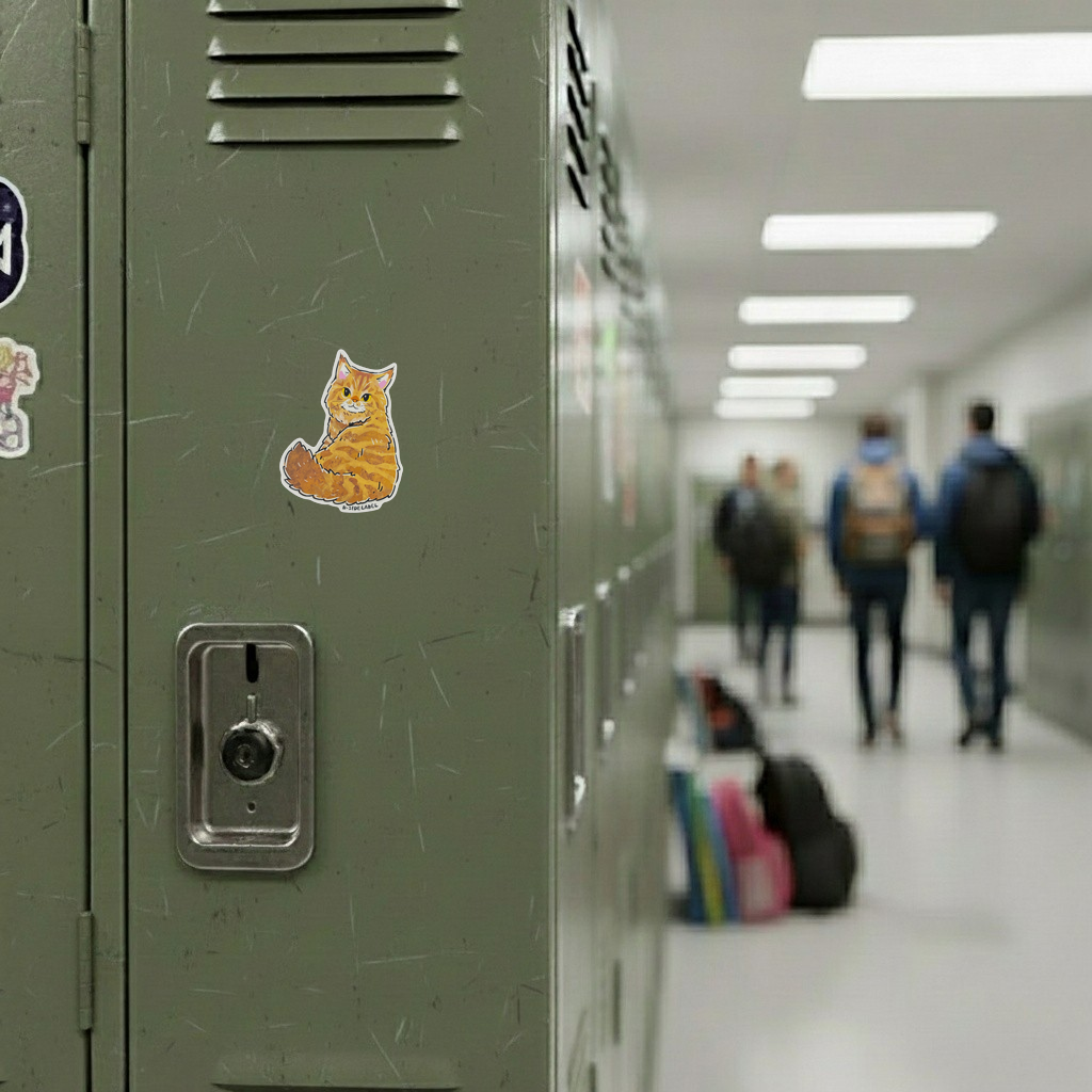 Cute Cat Looking Back ✦ B-Side Label Sticker — locker scene using the Shopify PhotoRoom template and original photograph
