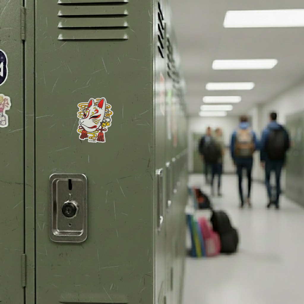 Japanese Fox Mask ✦ B-Side Label Sticker — locker scene using the Shopify PhotoRoom template and original photograph
