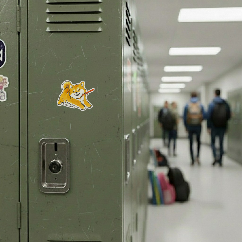 Cute Dog Refusing ✦ B-Side Label Sticker — locker scene using the Shopify PhotoRoom template and original photograph