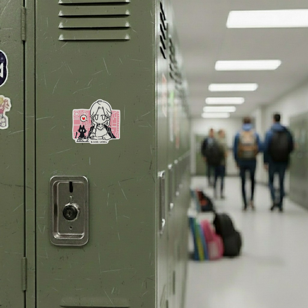 Lady and Kitten At Dinner ✦ B-Side Label Sticker — locker scene using the Shopify PhotoRoom template and original photograph