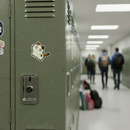 Round-Eyed Kitten ✦ B-Side Label Sticker — locker scene using the Shopify PhotoRoom template and original photograph