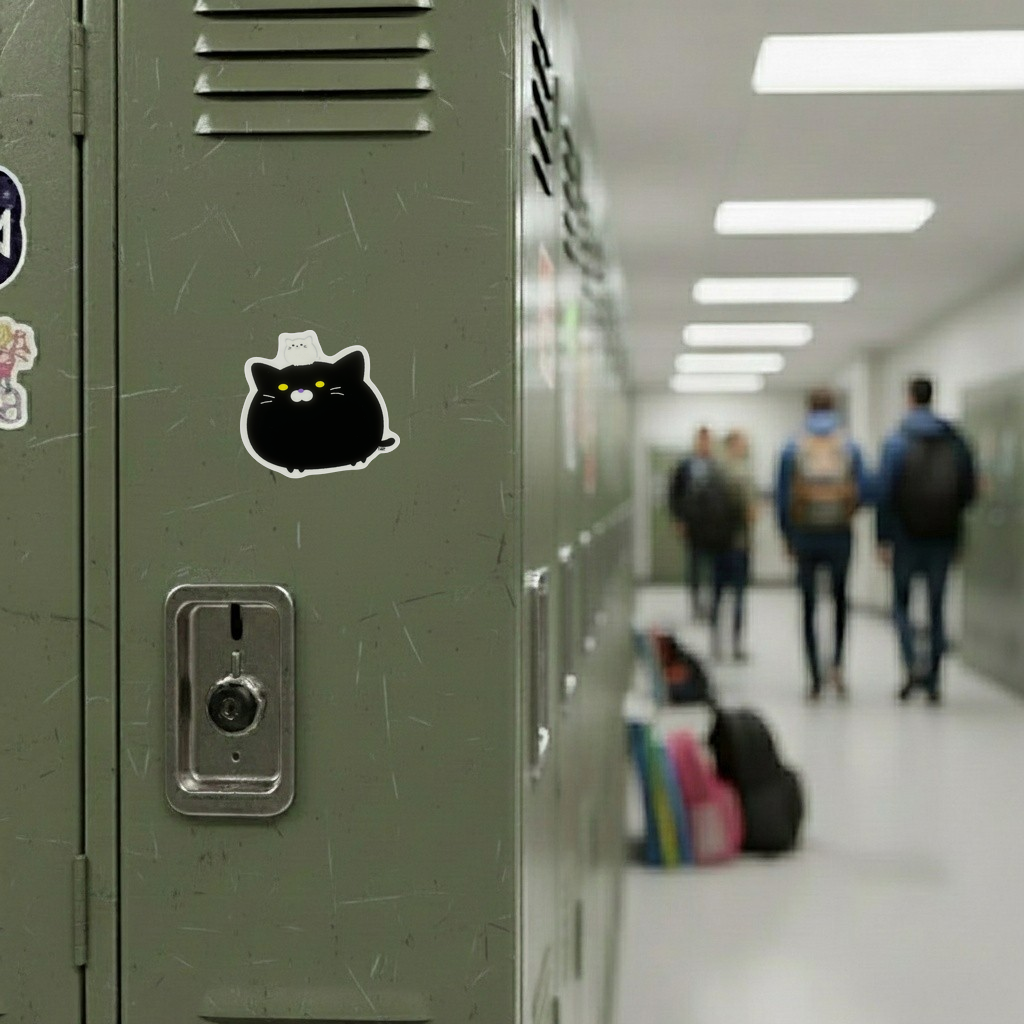 Big Black Cat, Small White Cat ✦ B-Side Label Sticker — locker scene using the Shopify PhotoRoom template and original photograph