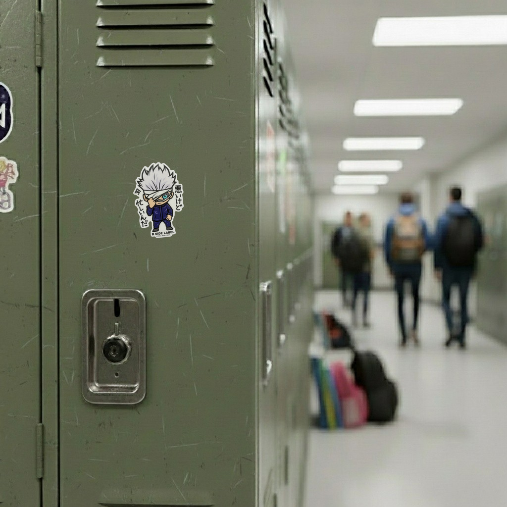 Jujutsu Kaisen Gojo Satoru Eye ✦ B-Side Label Sticker — locker scene using the Shopify PhotoRoom template and original photograph