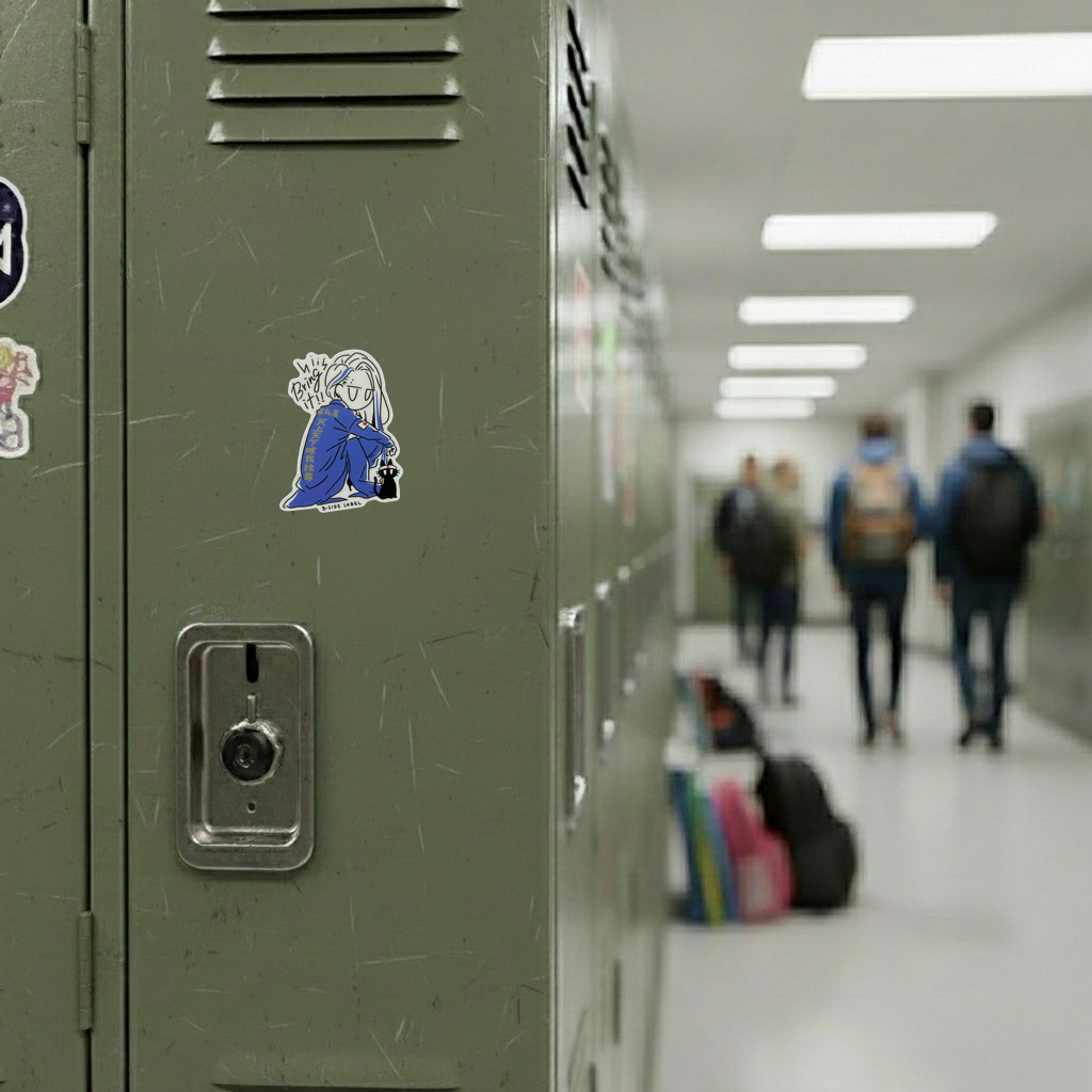 Biker Gang Girl & Kitten ✦ B-Side Label Sticker — locker scene using the Shopify PhotoRoom template and visually verified original photograph