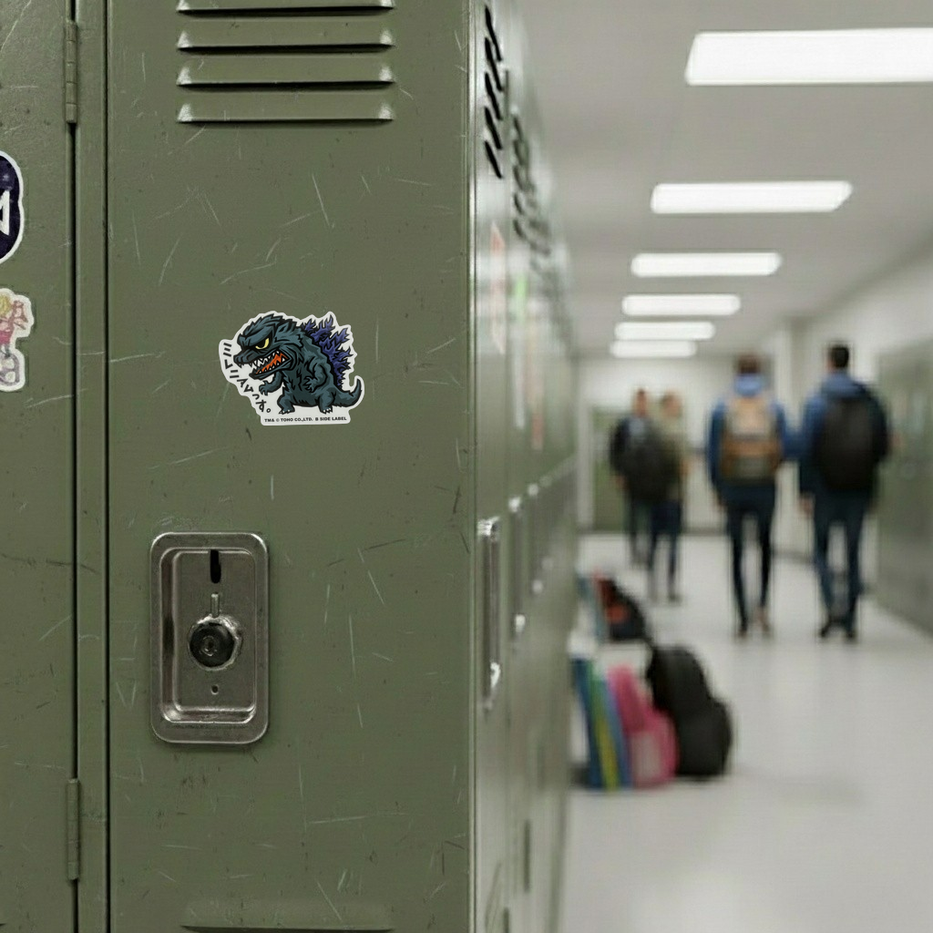Godzilla Millennium ✦ B-Side Label Sticker — locker scene using the Shopify PhotoRoom template and original photograph