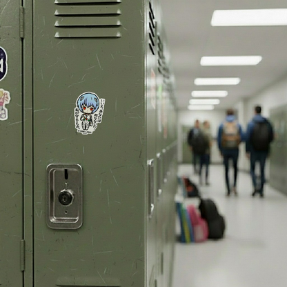 Evangelion Rei Ayanami ✦ B-Side Label Sticker — locker scene using the Shopify PhotoRoom template and original photograph