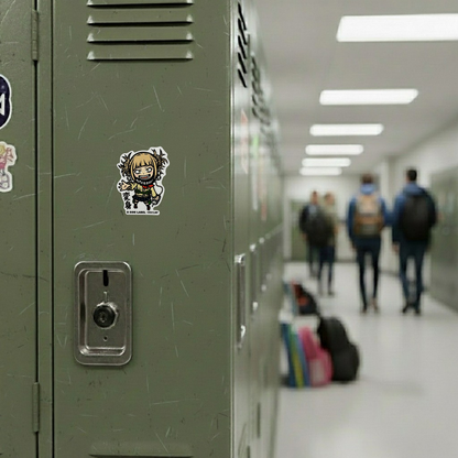 My Hero Academia Toga Himiko ✦ B-Side Label Sticker — locker scene using the Shopify PhotoRoom template and original photograph