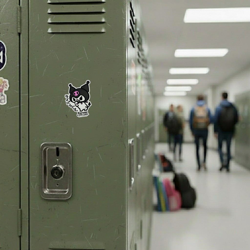 Sanrio Kuromi Rival  ✦ B-Side Label Sticker — locker scene using the Shopify PhotoRoom template and original photograph