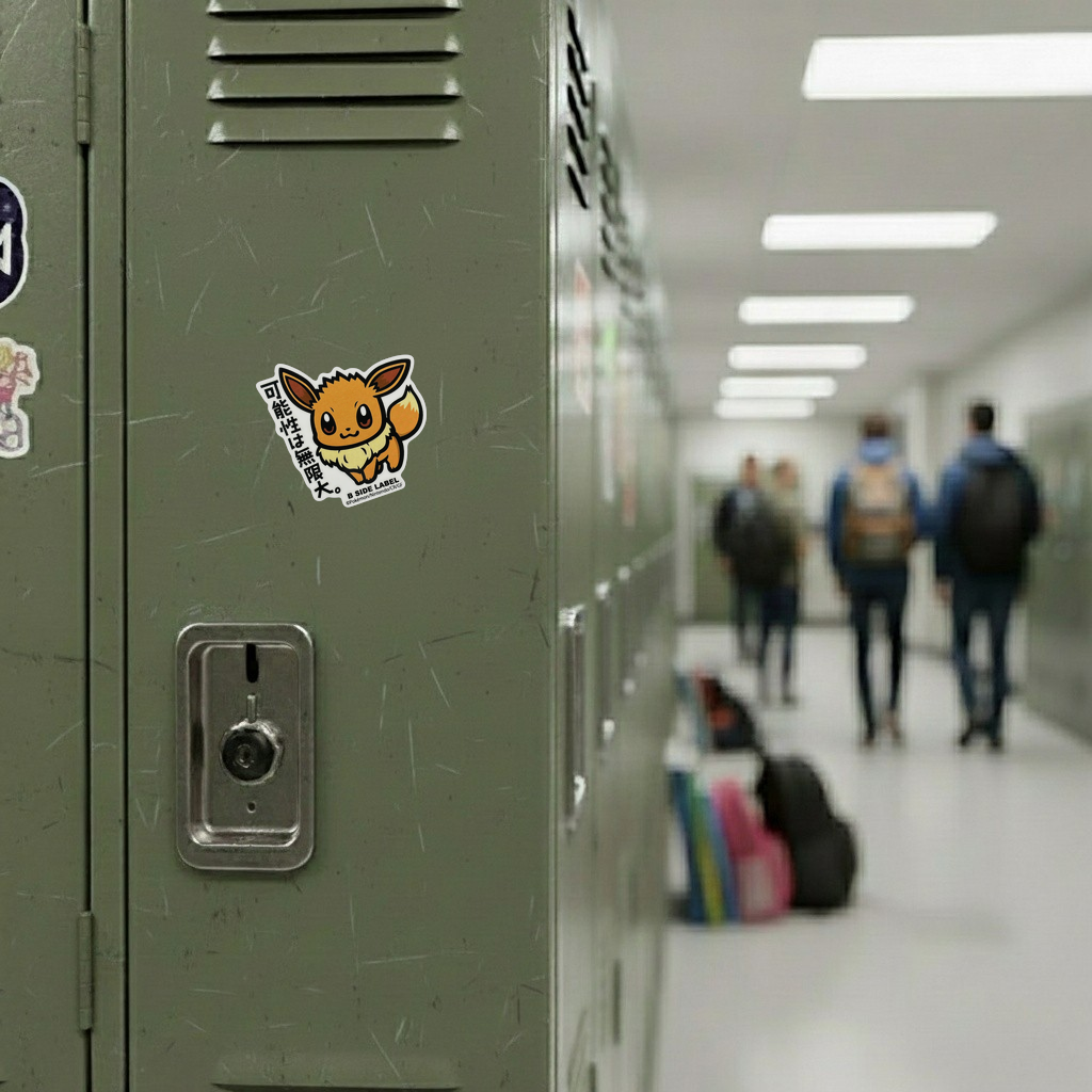 Pokémon Eevee ✦ B-Side Label Sticker — locker scene using the Shopify PhotoRoom template and original photograph