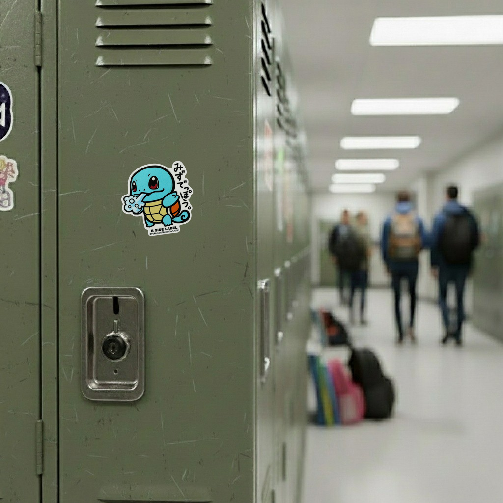 Pokémon Squirtle ✦ B-Side Label Sticker — locker scene using the Shopify PhotoRoom template and original photograph