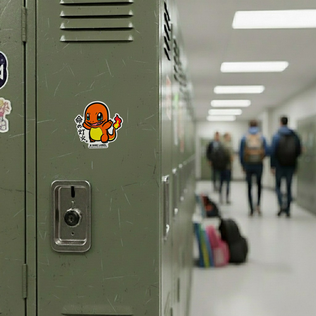 Pokémon Charmander ✦ B-Side Label Sticker — locker scene using the Shopify PhotoRoom template and original photograph