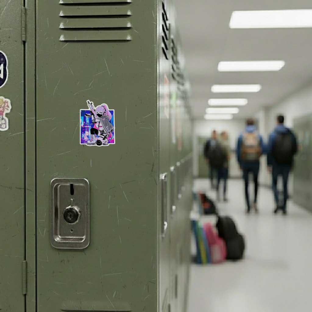 CYBER City Girl Pink AK47 ✦ B-Side Label Sticker — locker scene using the Shopify PhotoRoom template and original photograph