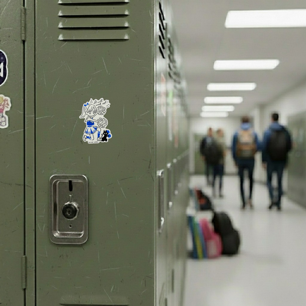 Cute Cheerleader & Kitten ✦ B-Side Label Sticker — locker scene using the Shopify PhotoRoom template and original photograph
