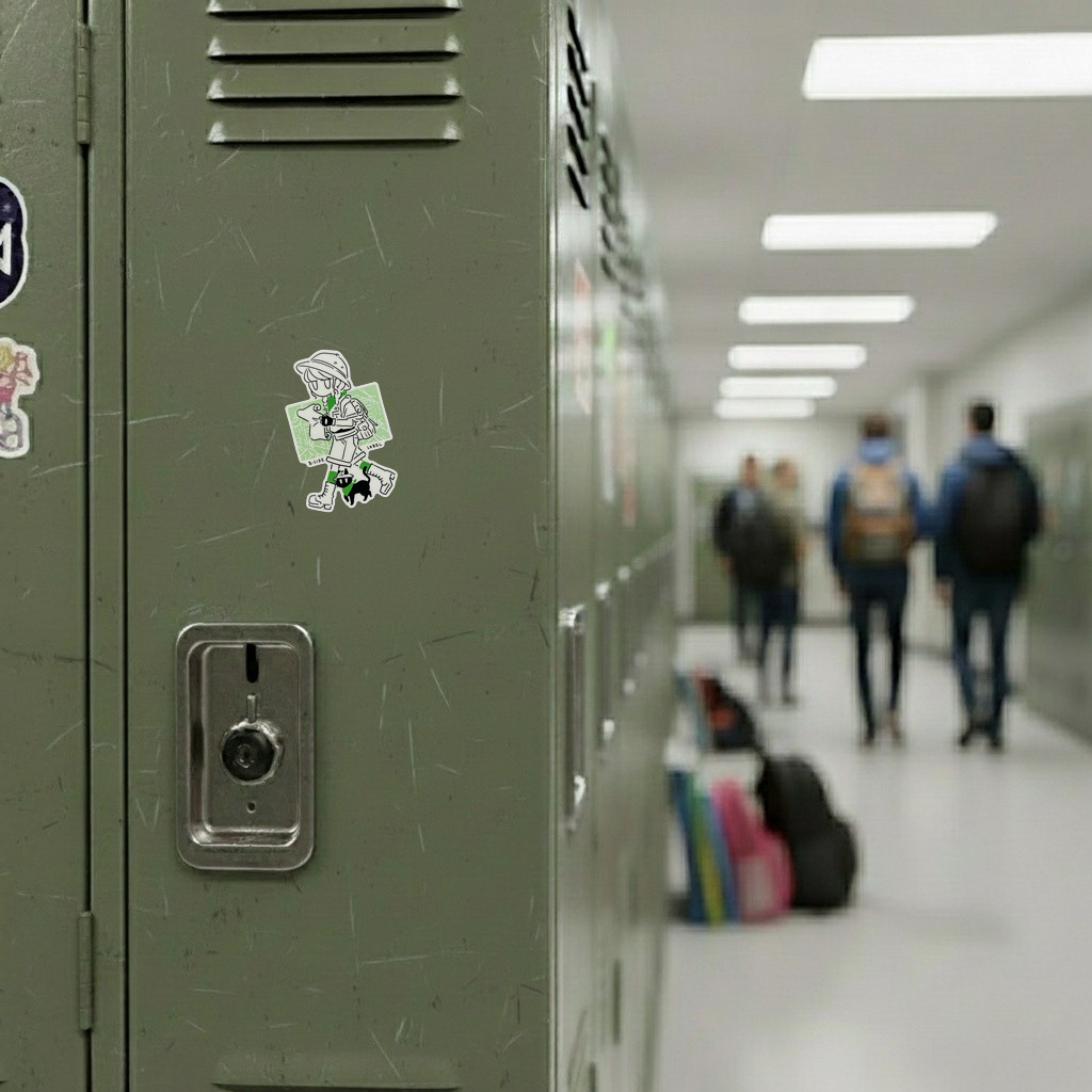 Girl & Kitten Explorers ✦ B-Side Label Sticker — locker scene using the Shopify PhotoRoom template and original photograph