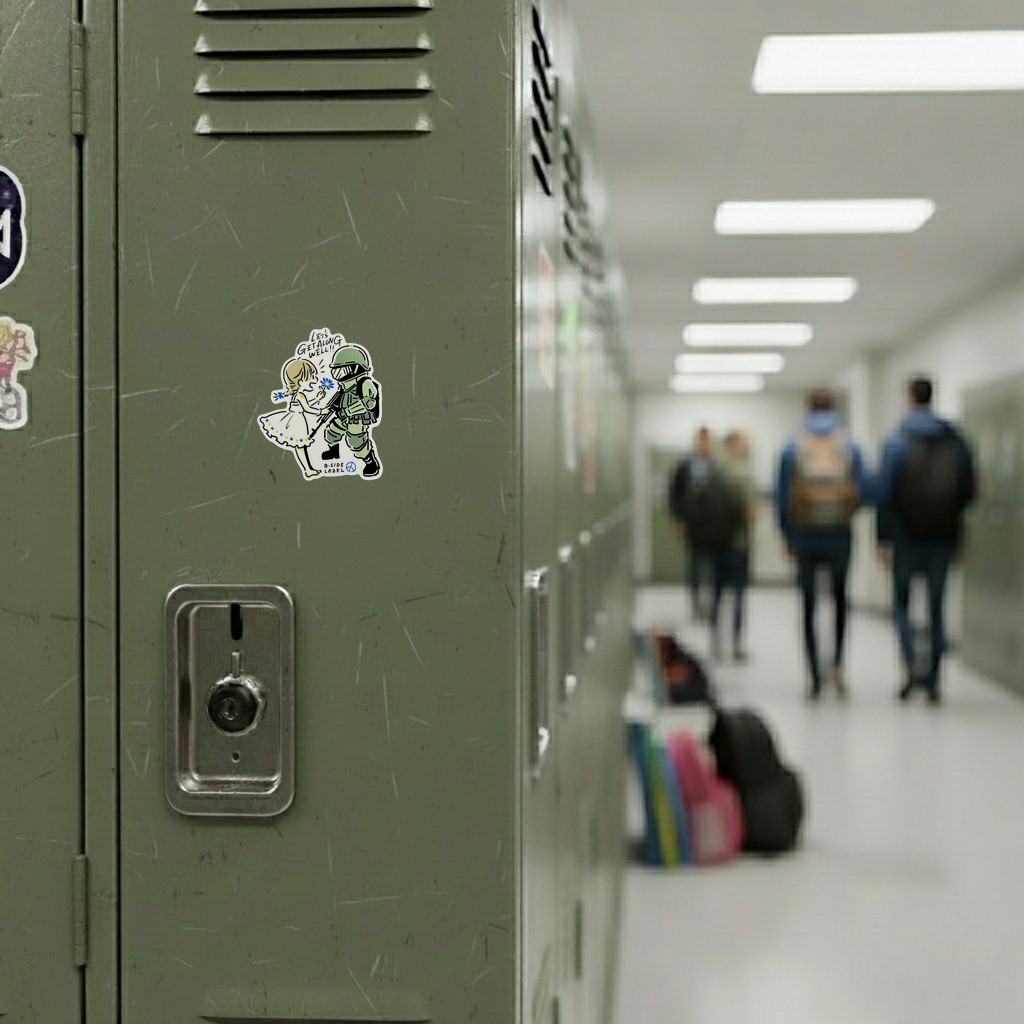 Hippie Flower-Child & Soldier ✦ B-Side Label Sticker — locker scene using the Shopify PhotoRoom template and original photograph