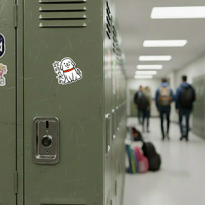 Cute Baby Dog ✦ B-Side Label Sticker on a locker — Shopify Small template, original photograph